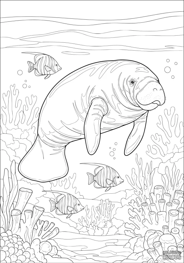 Coloring page featuring a manatee swimming with tropical fish in a coral reef underwater scene