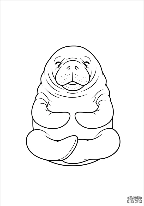 Coloring page featuring a cute, cartoon-style manatee sitting peacefully with a content expression.