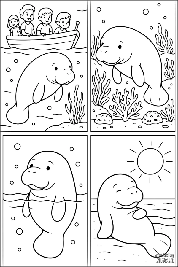 Coloring page featuring friendly cartoon manatees swimming and relaxing, with coral, ocean, and children in a boat