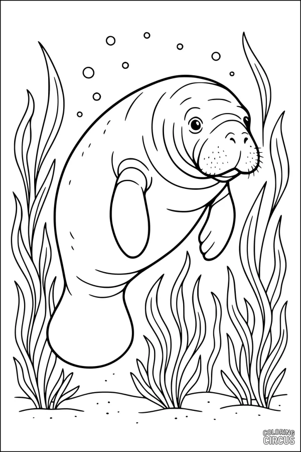 Coloring page of a friendly manatee swimming among seagrass and bubbles for kids
