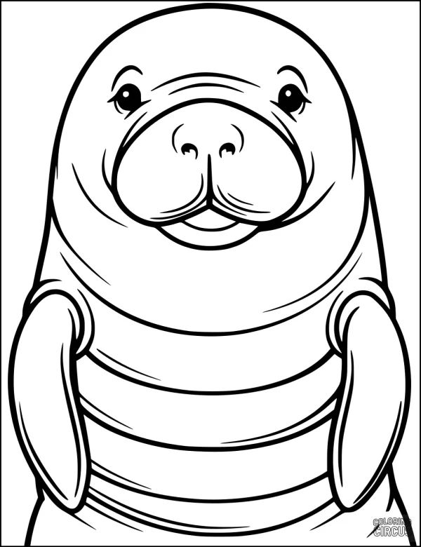 Coloring page of a cute friendly manatee with big flippers and a smiling face, perfect for young children