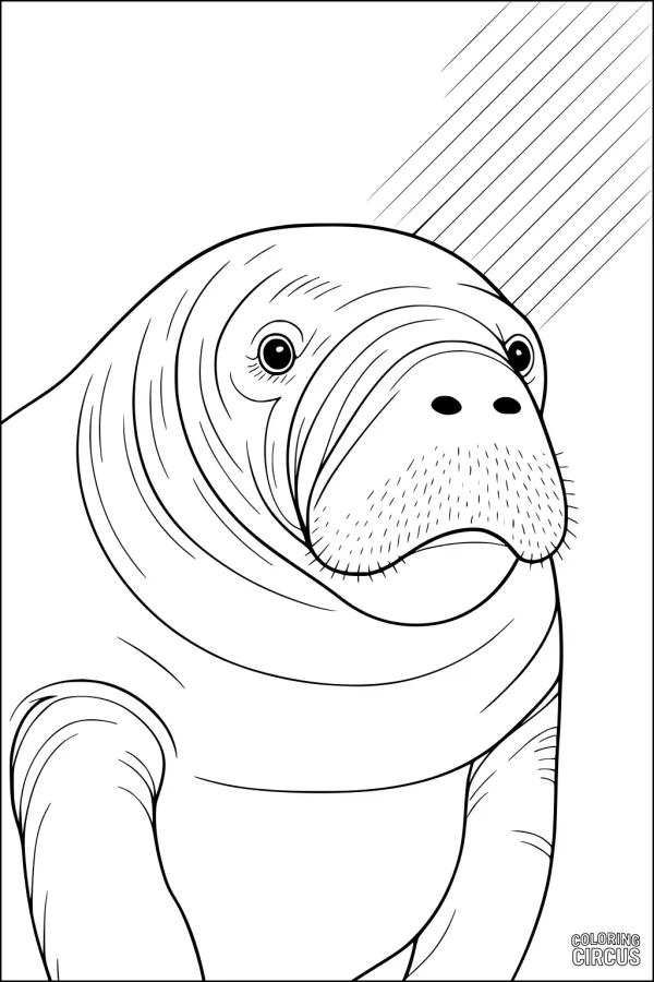 Coloring page featuring a friendly manatee under sunbeams, detailed face and gentle lines for kids