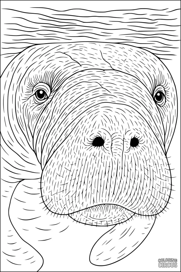 Coloring page showing a gentle manatee close-up with detailed facial lines and water ripples above