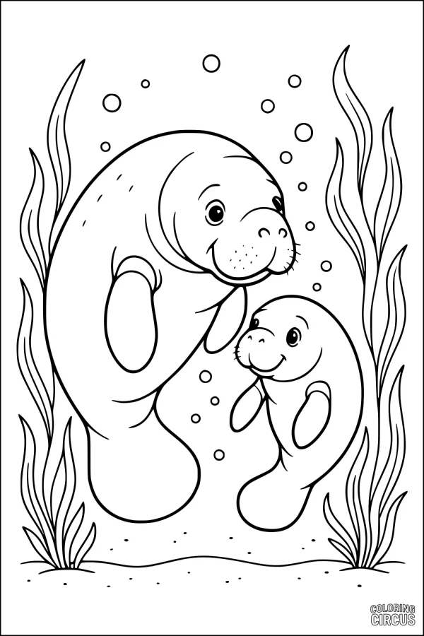 Coloring page with two friendly manatees swimming among seagrass and bubbles