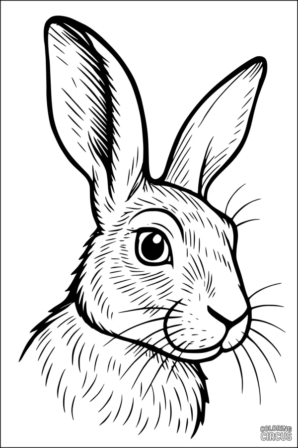 Coloring page featuring a detailed hare portrait with large ears and textured fur for children