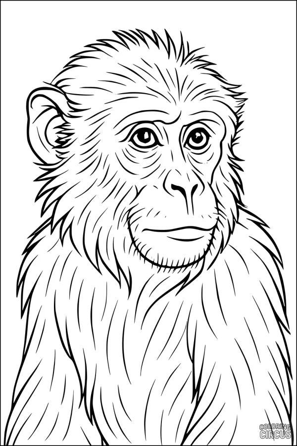 Coloring page featuring a detailed monkey portrait with expressive eyes and textured fur
