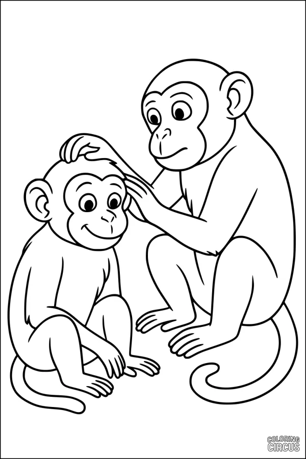 Coloring page showing two cute monkeys sitting together and grooming
