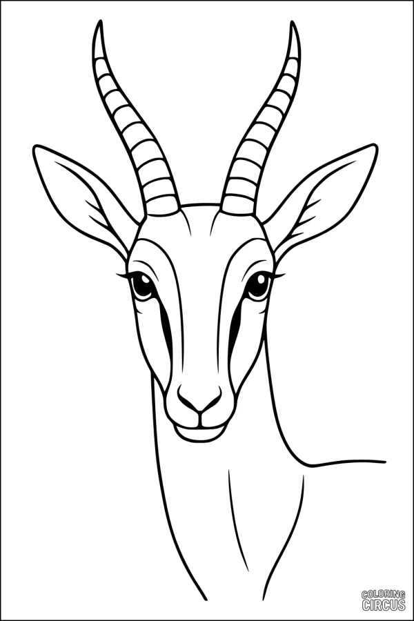Coloring page of a gazelle face with long curved horns, designed for children
