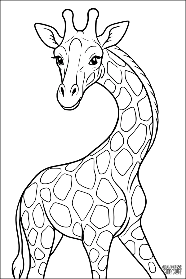 Coloring page featuring a friendly giraffe with large spots and a curved neck
