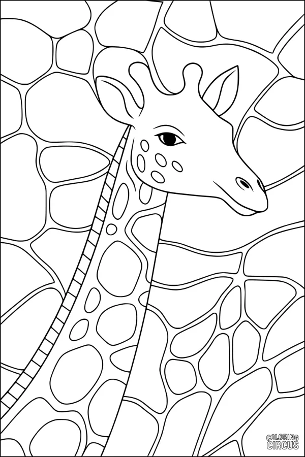 Coloring page featuring a detailed giraffe with its neck and head surrounded by a patterned background, suitable for children
