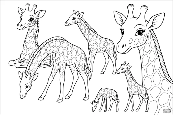 Coloring page with group of cartoon giraffes in different poses, large expressive eyes, and big spots