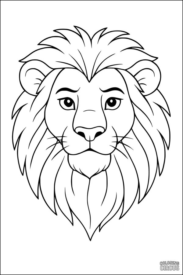 Coloring page featuring a cartoon lion face with a large mane