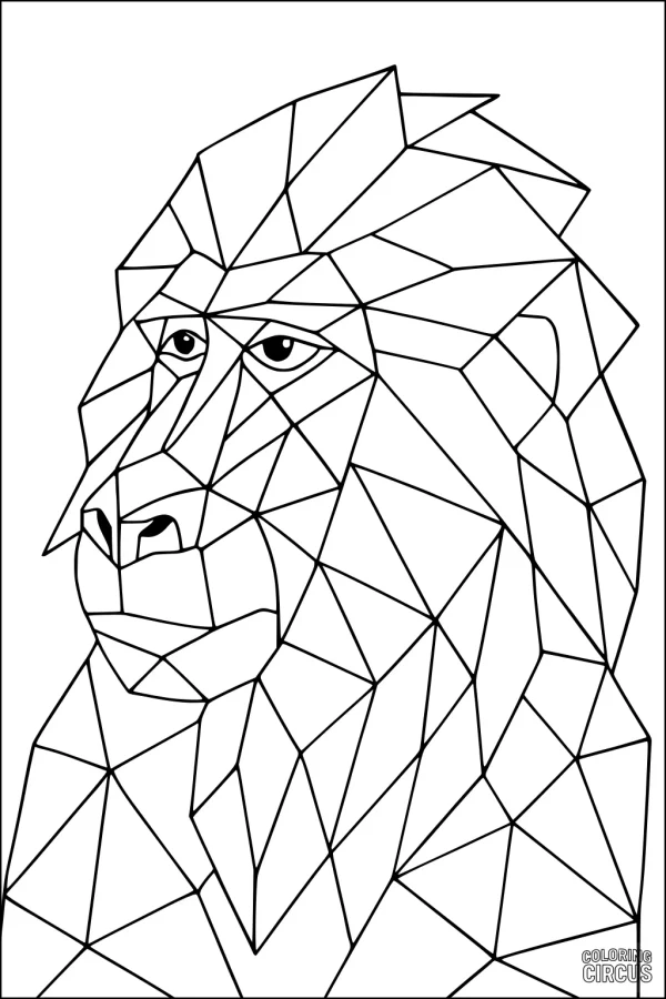 Coloring page featuring a geometric baboon head with sharp angular shapes for kids and adults