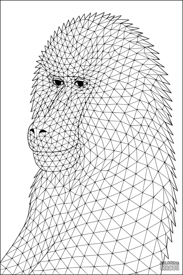 Coloring page of a baboon portrait with geometric triangular pattern lines