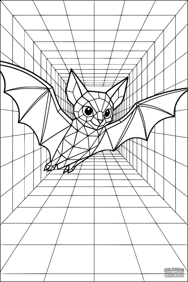 Coloring page of a geometric bat flying through a 3D tunnel with bold lines and polygon shapes
