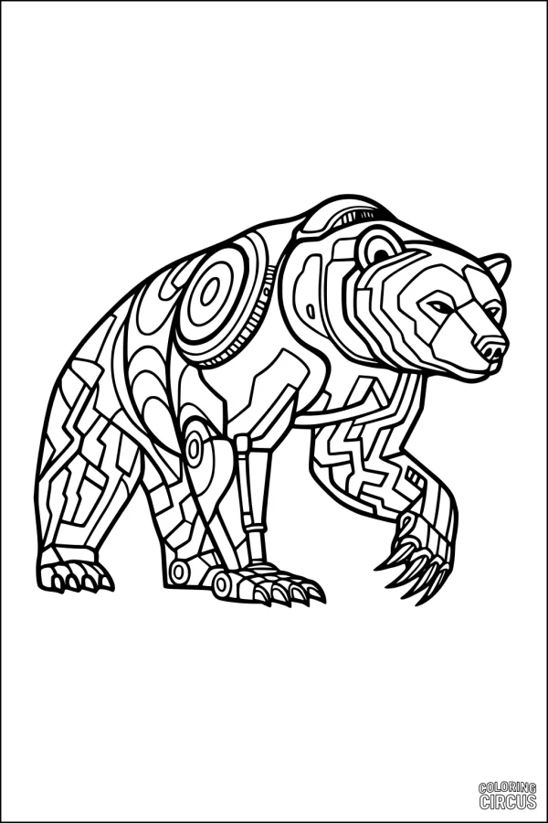 Coloring page showing a bear with detailed geometric patterns