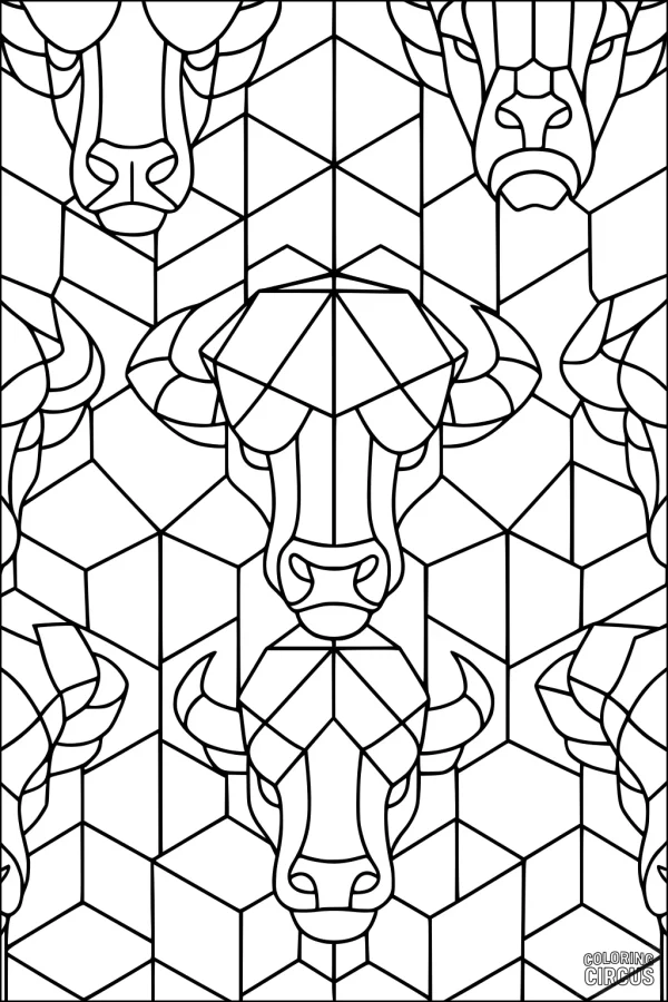 Coloring page featuring a repeating geometric bison face pattern with cube backgrounds