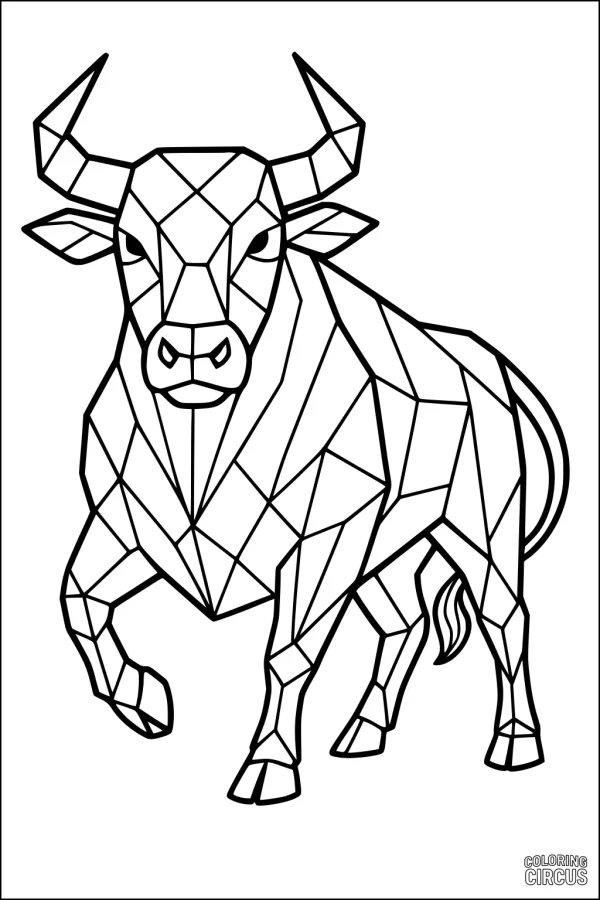 Coloring page showing a geometric bull with angular designs