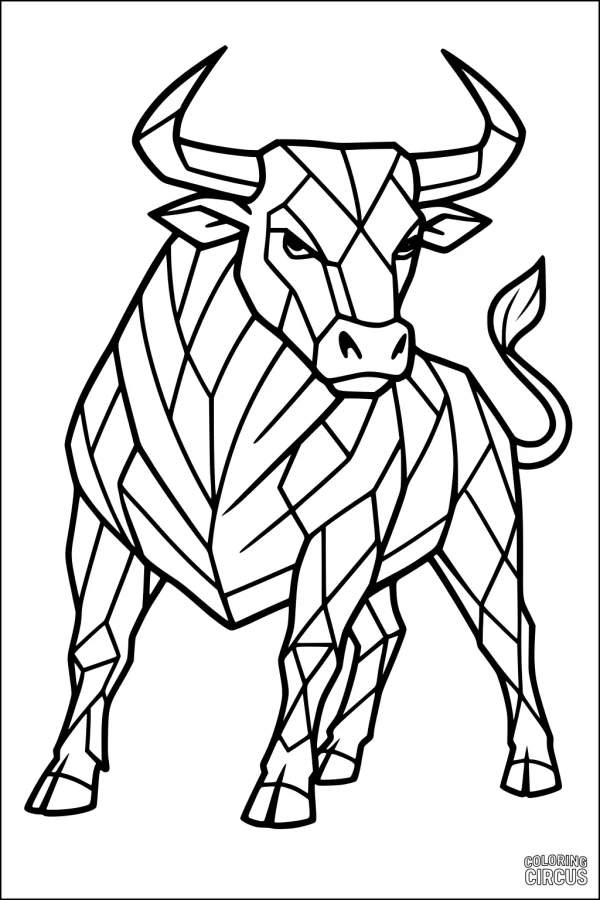 Coloring page featuring a geometric bull with bold angular shapes