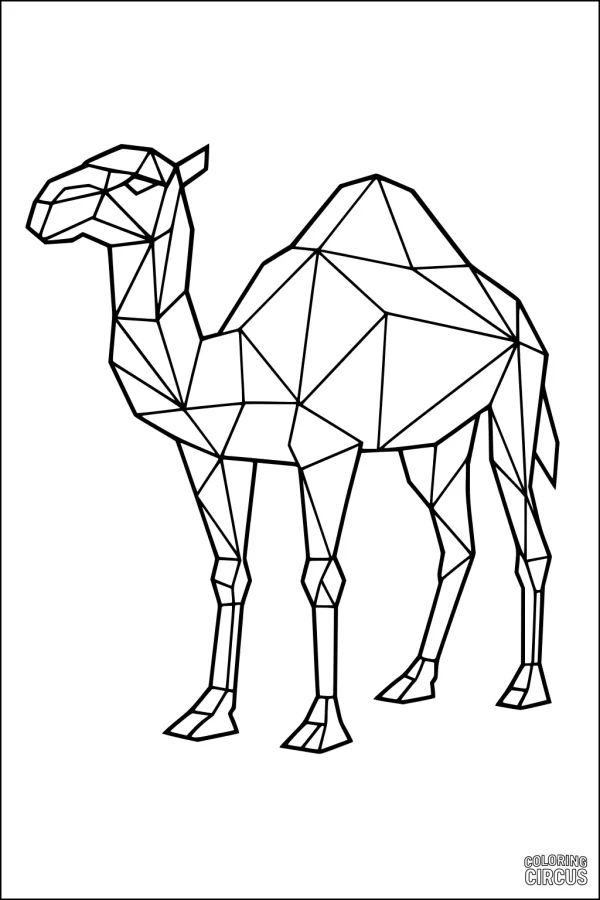 Coloring page showing a geometric, polygonal camel made of angular shapes and lines