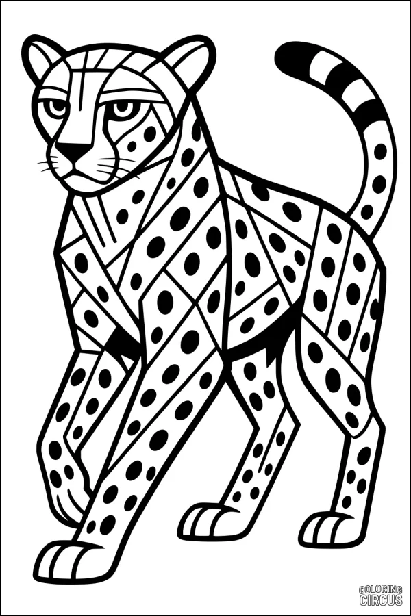 Coloring page featuring a geometric cheetah with bold spots and triangles