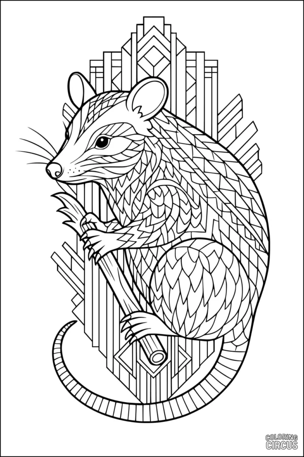 Coloring page of a geometric opossum holding a branch against an art deco city background