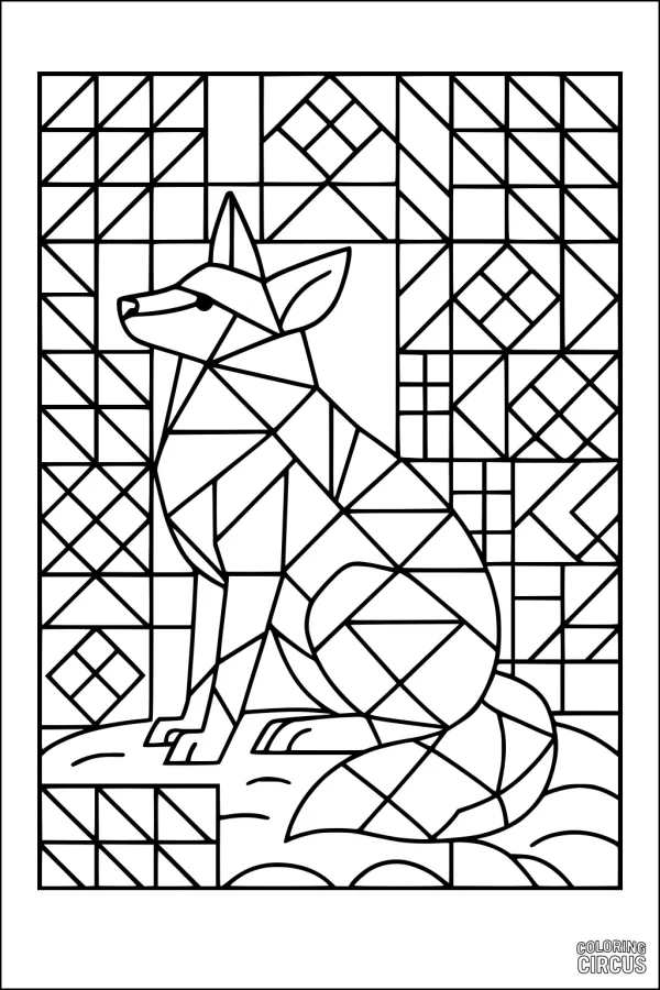 Coloring page of a sitting geometric coyote surrounded by abstract desert patterns