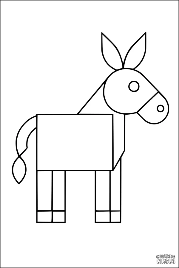 Coloring page featuring a simple geometric donkey with rectangle body, circular head and tail