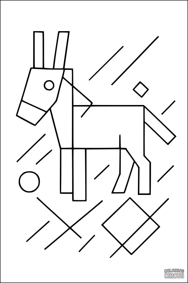 Coloring page of a simple geometric donkey surrounded by abstract shapes and lines