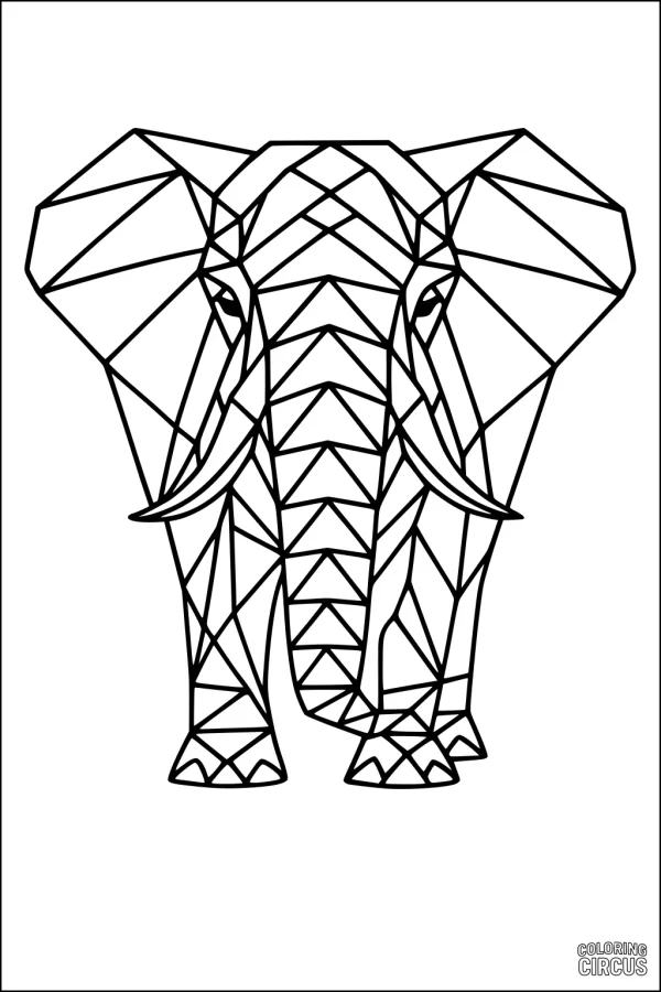 Coloring page of a geometric elephant head design for kids and adults