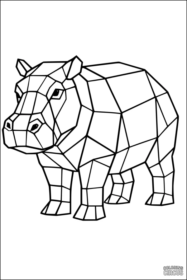 Coloring page of a geometric hippopotamus with polygon shapes