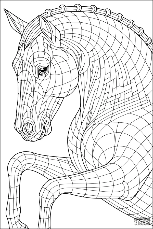 Coloring page featuring a geometric patterned horse ready to color
