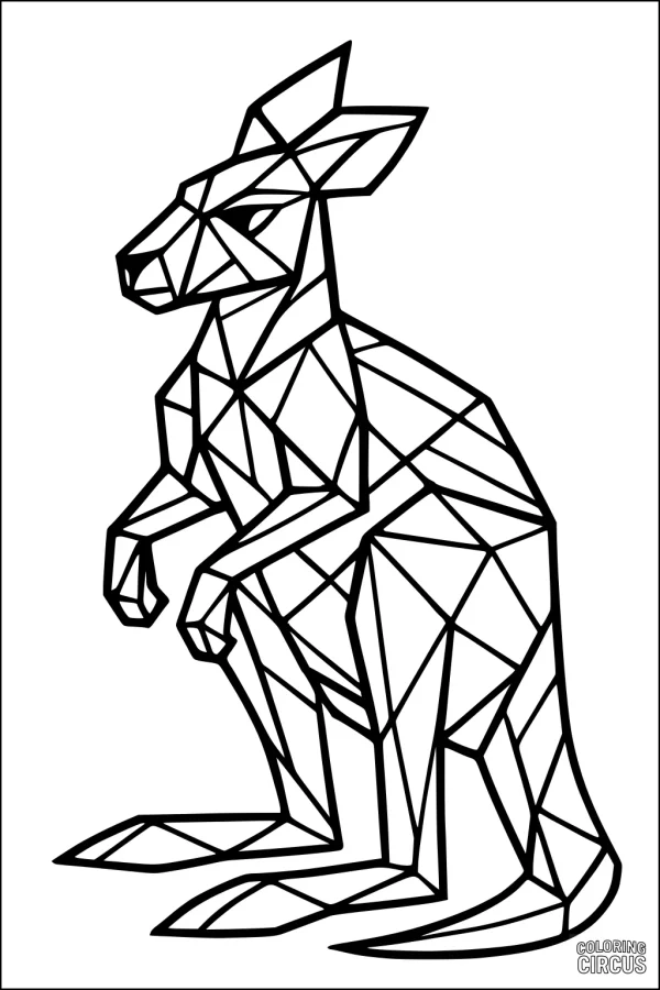 Coloring page featuring a geometric kangaroo with many angular sections