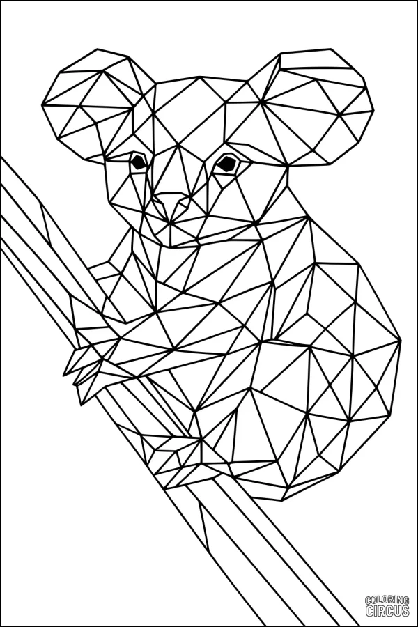 Coloring page of a geometric koala gripping a branch, made of triangular shapes