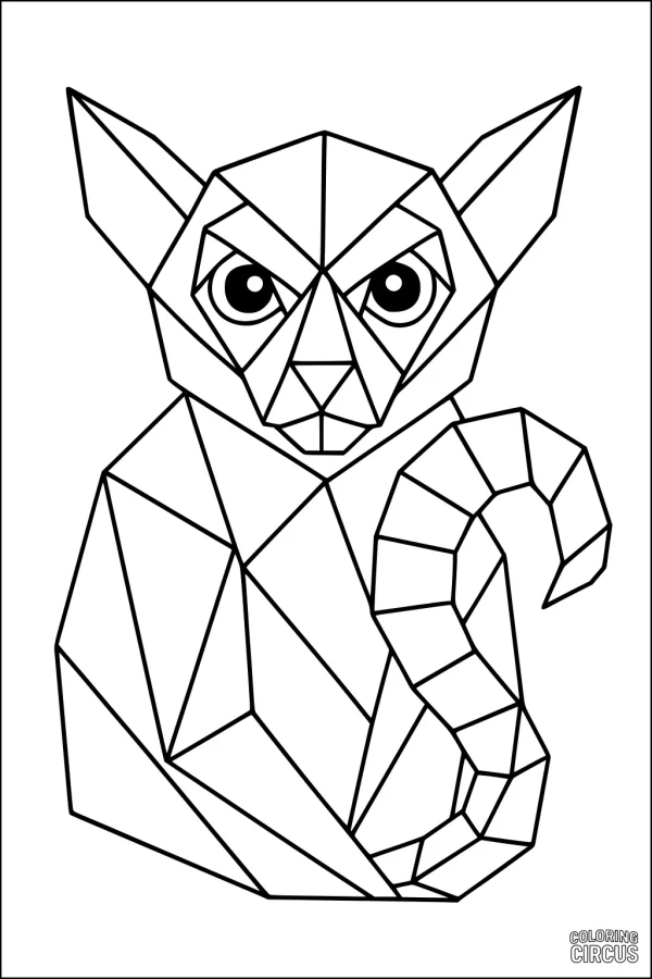 Coloring page of a geometric lemur with distinct angular shapes and a curled tail