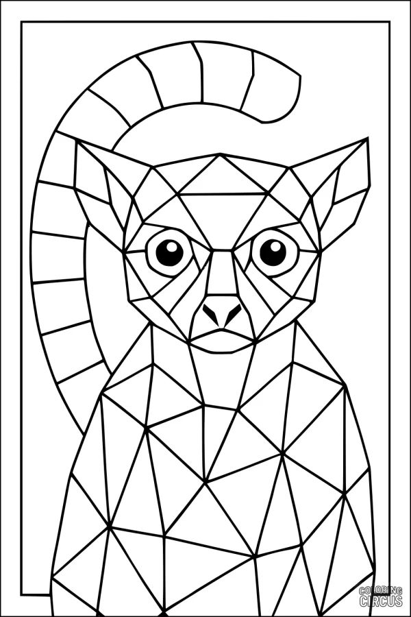 Coloring page featuring a geometric lemur with gemstone shapes in a forest setting