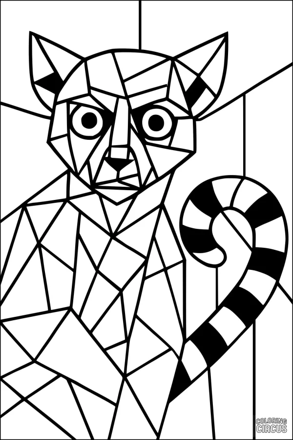 Coloring page featuring a geometric lemur with bold shapes and a striped tail
