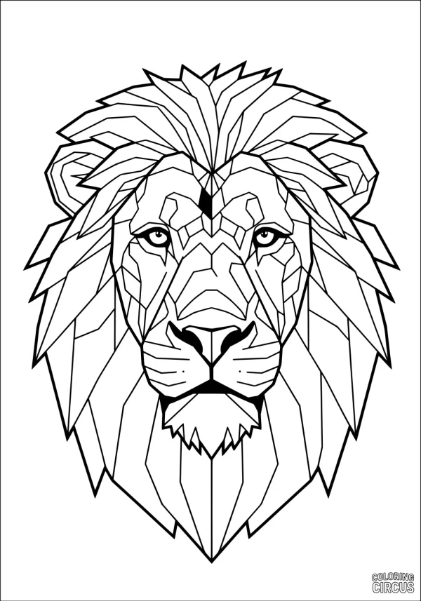 Coloring page of a geometric lion head with bold angular shapes