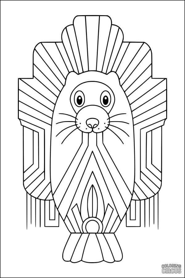 Coloring page featuring a cute mole with geometric art deco background