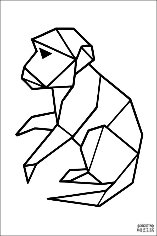 Coloring page featuring a geometric outline of a sitting monkey for kids