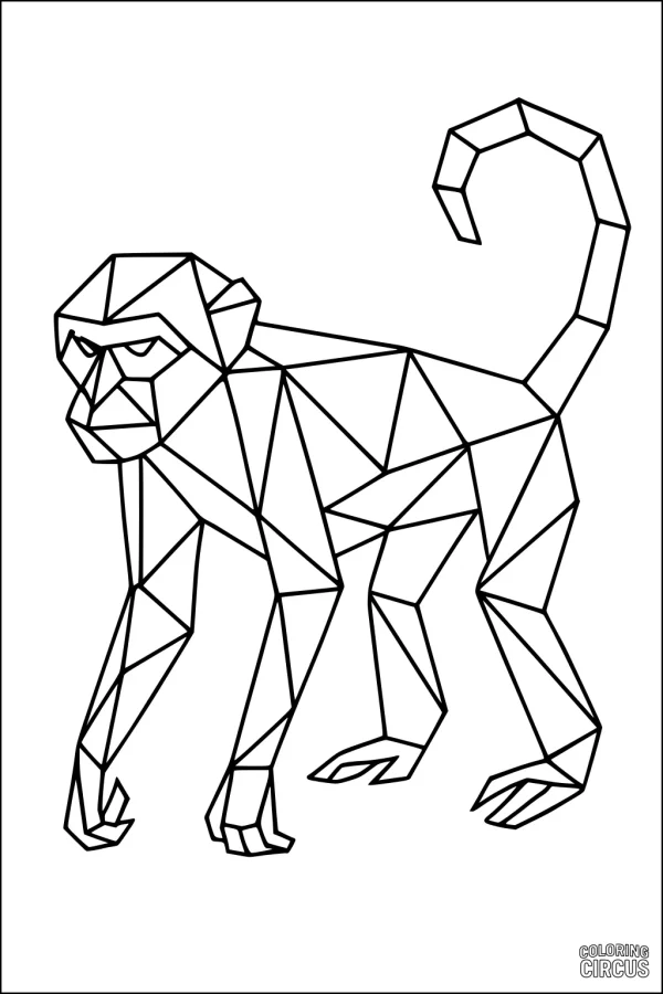 Coloring page featuring a geometric monkey outlined in triangles and polygons