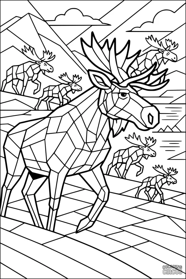 Coloring page of geometric moose herd in mountain landscape