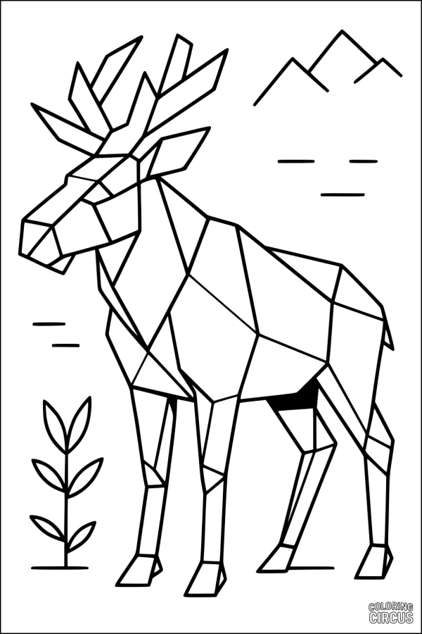 Coloring page of a geometric moose with mountains and plant design