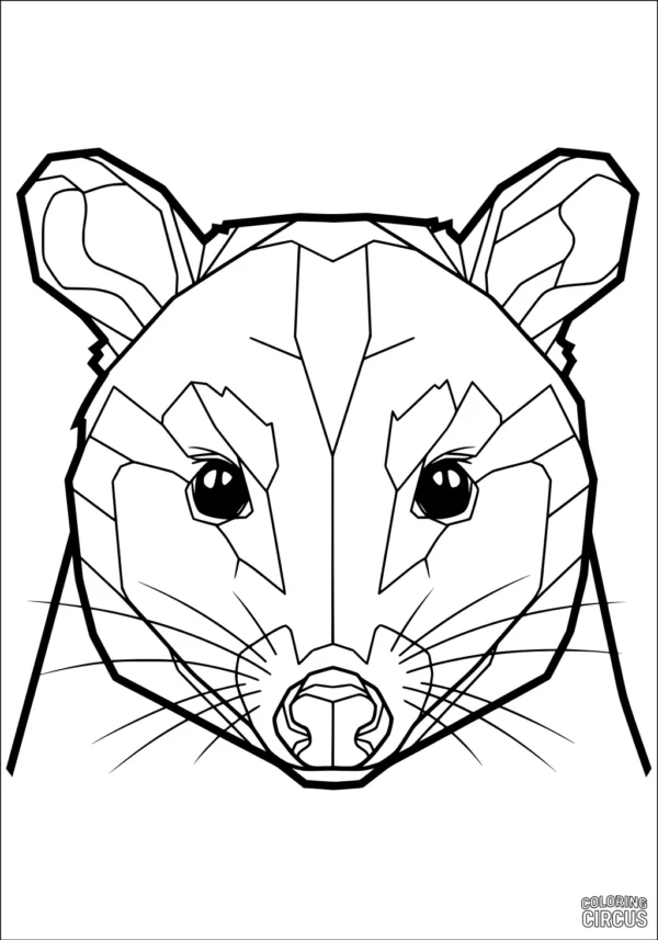 Coloring page of a geometric opossum face with angular lines and large eyes