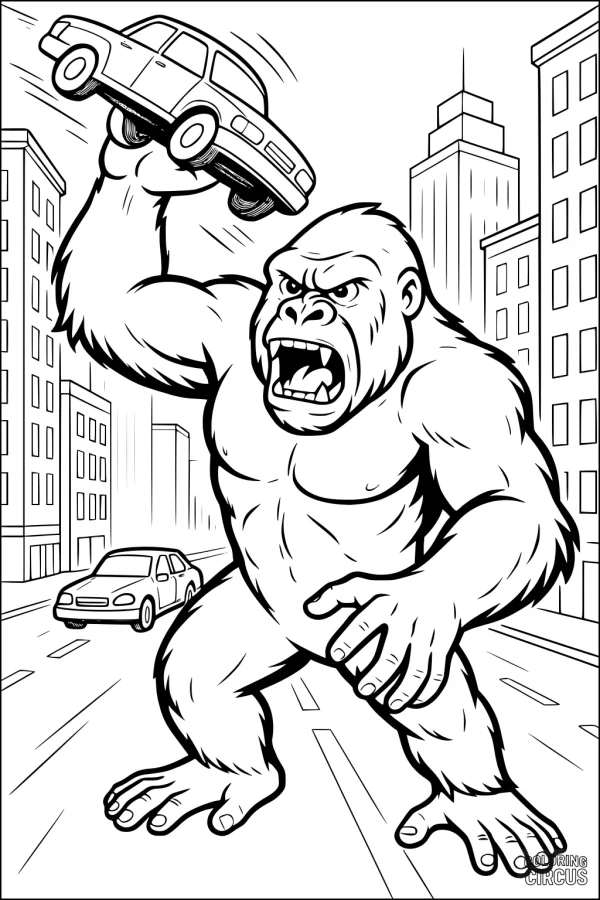 Coloring page featuring a giant gorilla holding a car in a city with tall buildings.