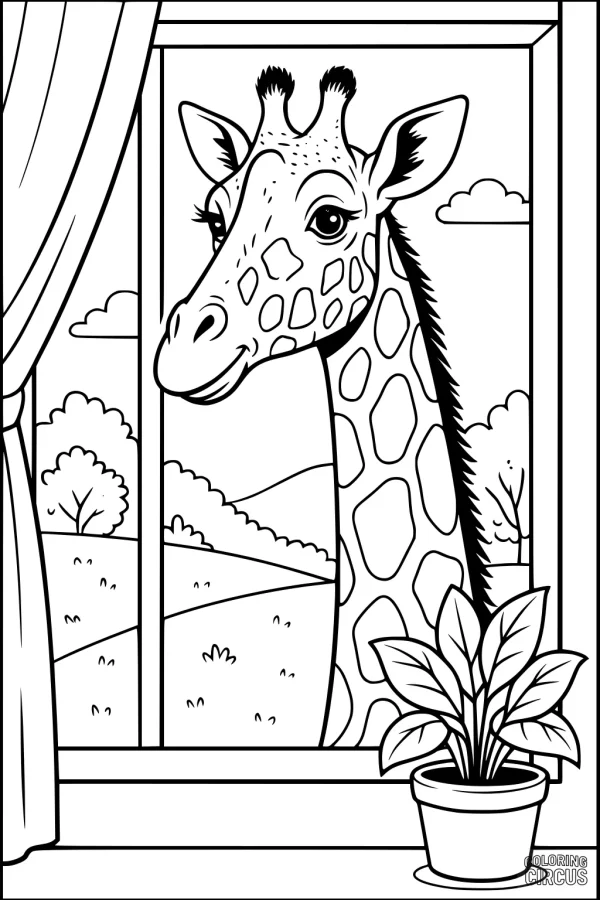 Coloring page showing a giraffe looking through a window with a plant and scenic landscape