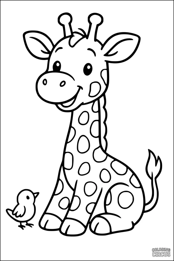 Coloring page of a cute baby giraffe sitting beside a small bird