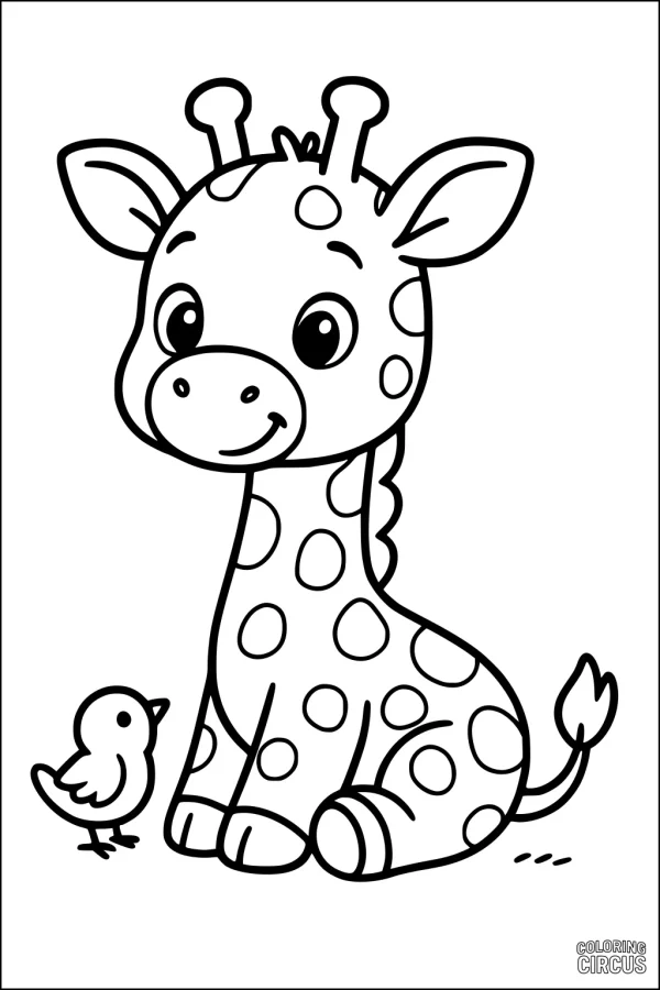 Coloring page showing a cute giraffe sitting beside a small bird, perfect for young children