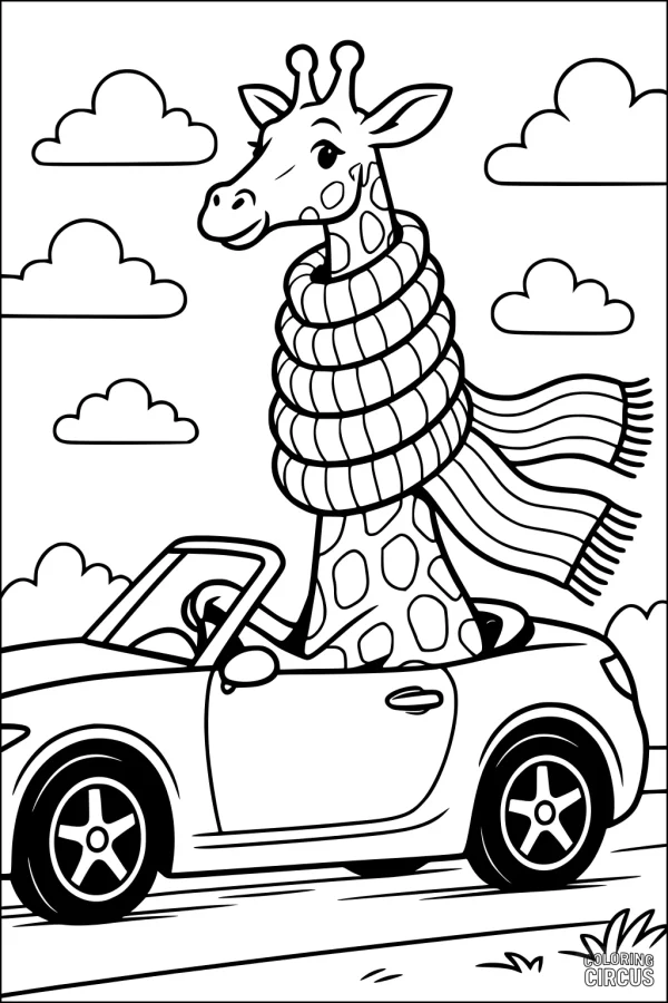 Coloring page of a giraffe wearing a scarf and riding in a convertible car with clouds in the background