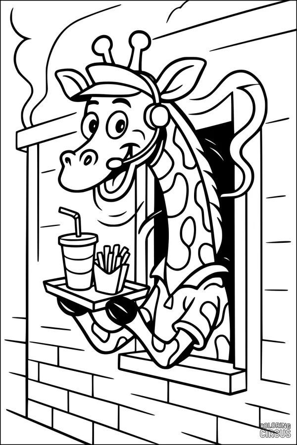 Coloring page featuring a cartoon giraffe serving food at a drive-thru window
